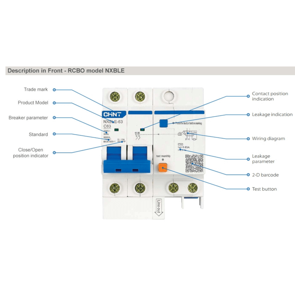 เบรคเกอร์กันดูด 50 แอมป์ 2 โพล 30MA 10KA CHINT RCBO NXBLE-63H 2P C50 TYPE AC_5
